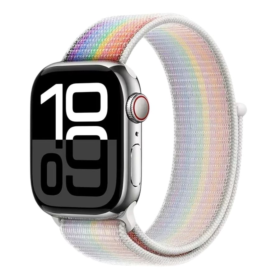 Vibrant Rainbow Sport Loop Apple Watch band – colorful, soft, and ultra-breathable.