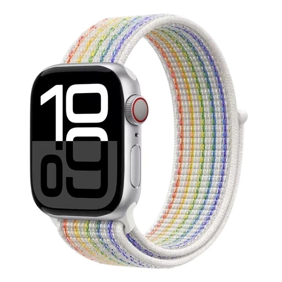 White Rainbow Sport Loop Apple Watch band – bright, fun, and breathable all day.