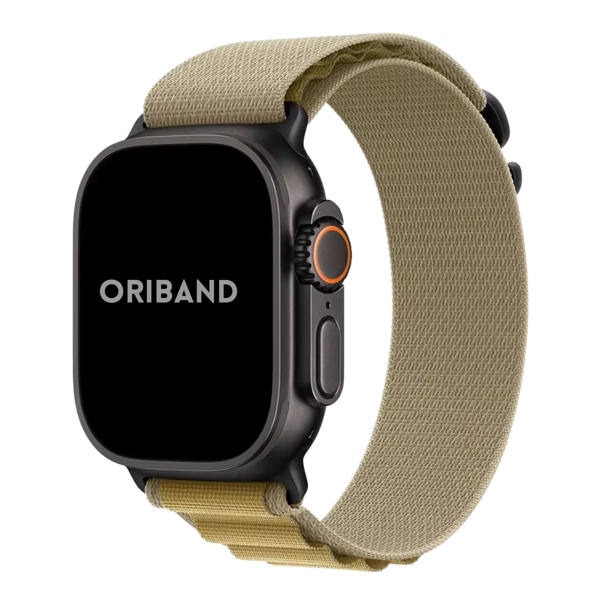 Apple watch Ultra 3 with a Tan Alpine Loop strap on a white background, featuring the brand 'Oriband'.