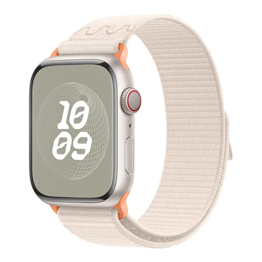 White sport loop nylon band, clean design and breathable fit.