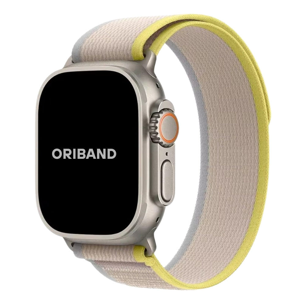 Yellow Beige Trail Loop Apple Watch band with a lightweight, breathable nylon design and secure hook-and-loop fastener.