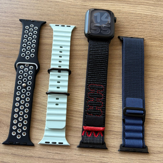 Apple Watch Ocean Band and Nike Sport Band in silicone compared with Alpine Loop and Sport Loop nylon bands