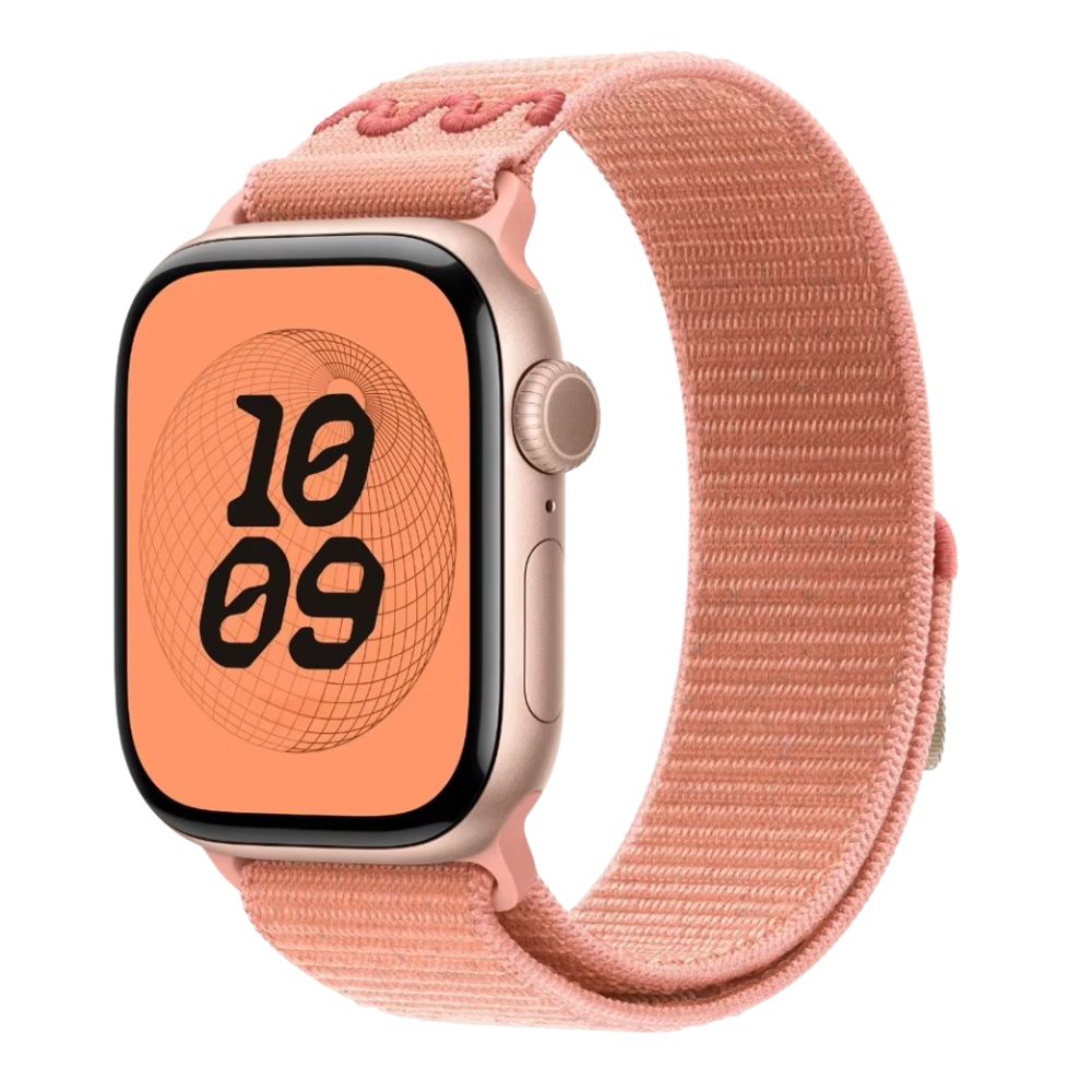 Apple Watch series 10 with a Alpenglow Pink Nike sport loop band on a white background