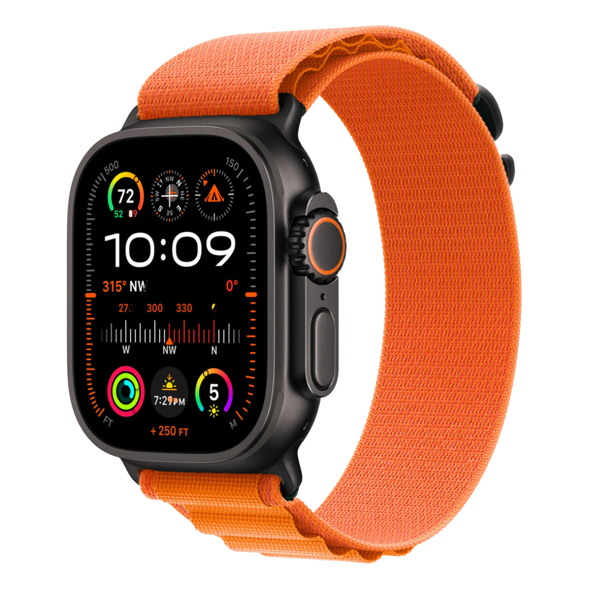 Face view orange Alpine loop band with black connectors and buckle linked to Apple watch Ultra 2