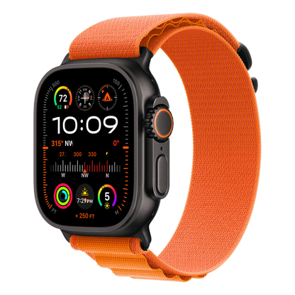 Face view orange Alpine loop band with black connectors and buckle linked to Apple watch Ultra 2