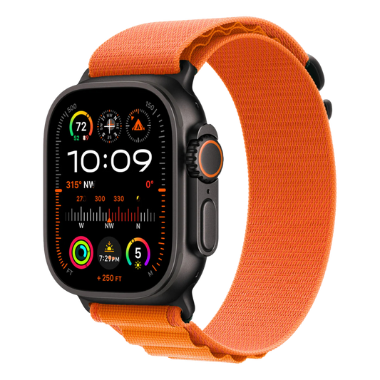 Face view orange Alpine loop band with black connectors and buckle linked to Apple watch Ultra 2