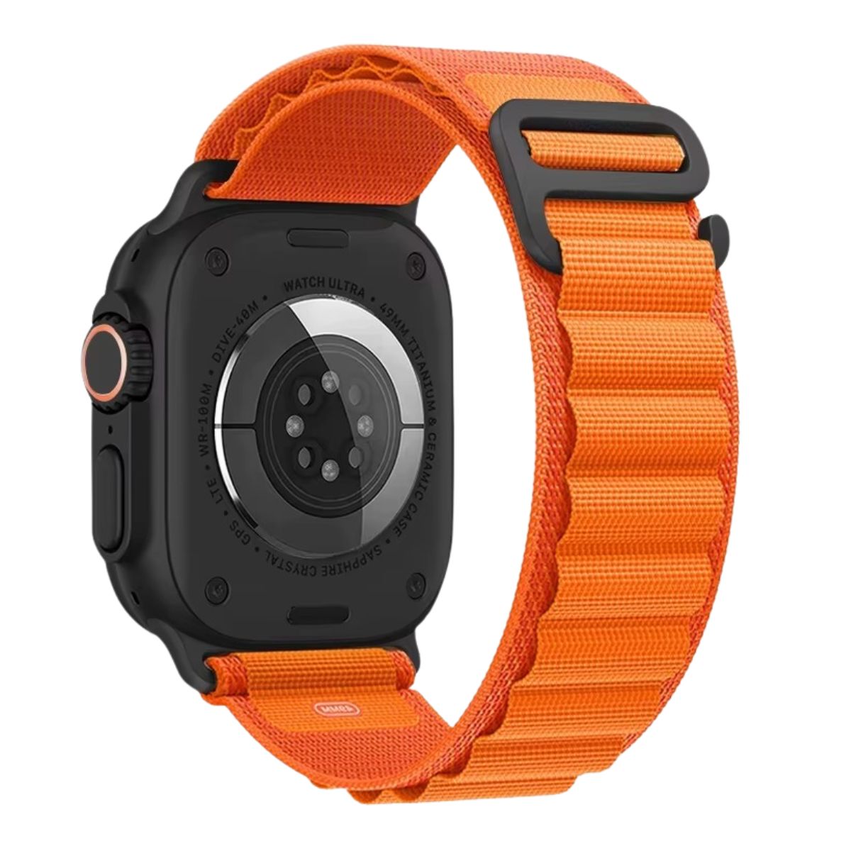 Orange Alpine loop band with black connectors and buckle linked to Apple watch Ultra 2 on a white background