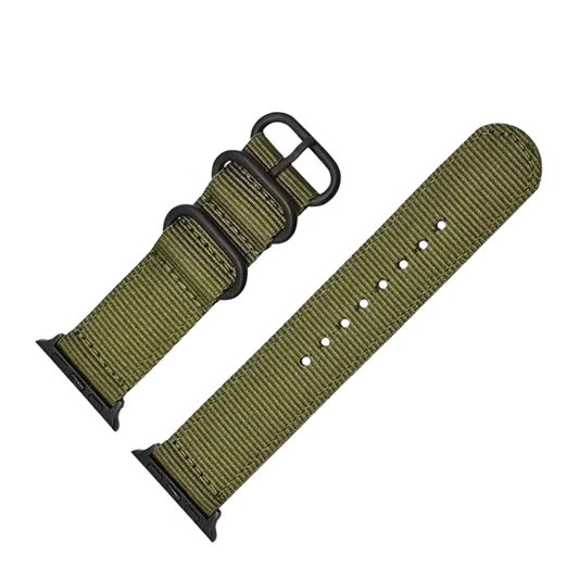 Army green two-pieces nylon nato strap for apple watch band with black buckle & black connectors.