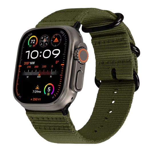Apple watch ultra with a army green Nato strap & black buckle on a transparent background