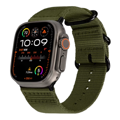 Apple watch ultra with a army green Nato strap & black buckle on a transparent background