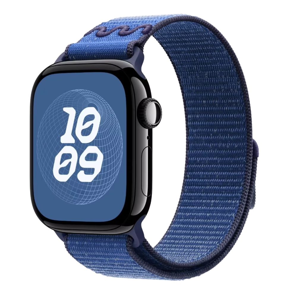Apple Watch series 10 with a Blue Ribbon Nike sport loop band on a white background