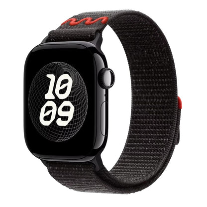 Apple Watch series 10 with a Midnight Black Nike sport loop band on a white background