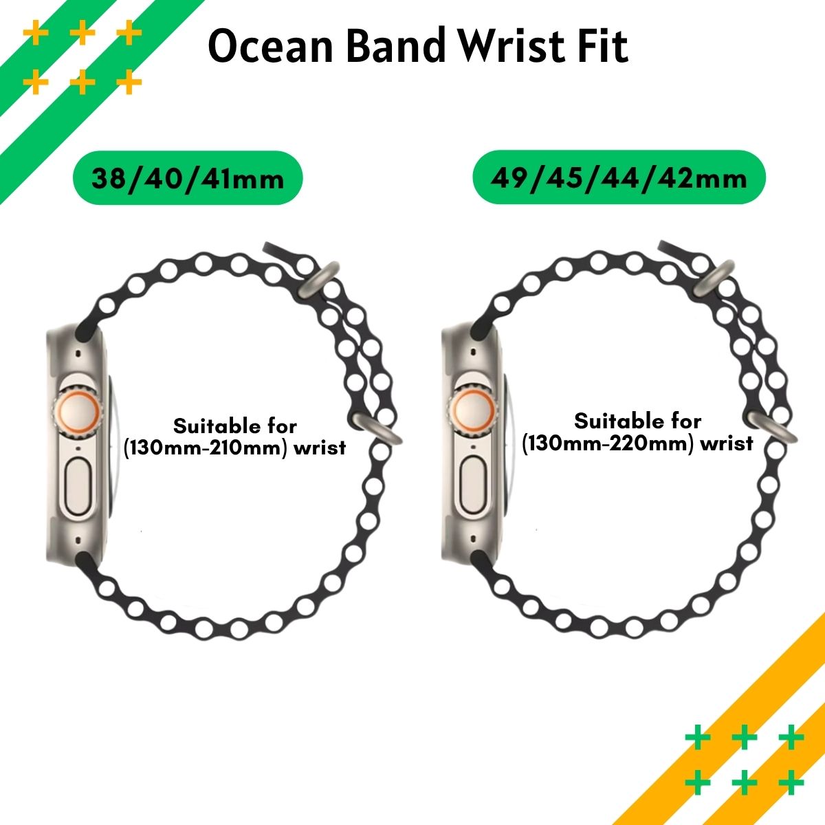 Ocean Band wrist fit guide showing compatibility for 38/40/41mm and 49/45/44/42mm Apple Watch sereis with wrist sizes from 130mm to 220mm.