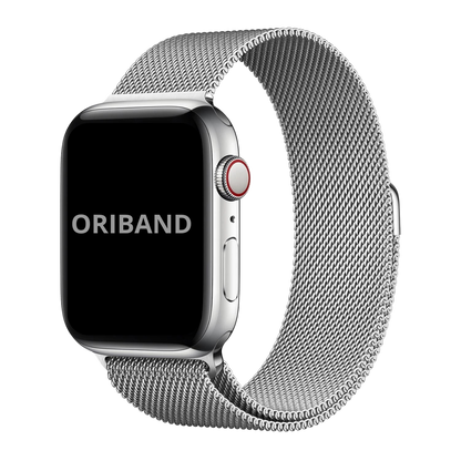 Silver Milanese Loop band for Apple Watch with magnetic clasp, stainless steel mesh strap on white background.