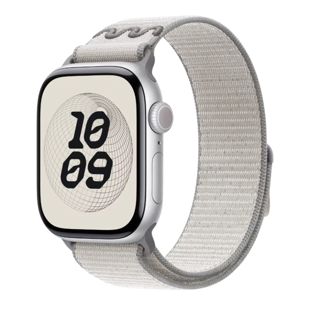 Apple Watch series 10 with a Veiled Grey Nike sport loop band on a white background