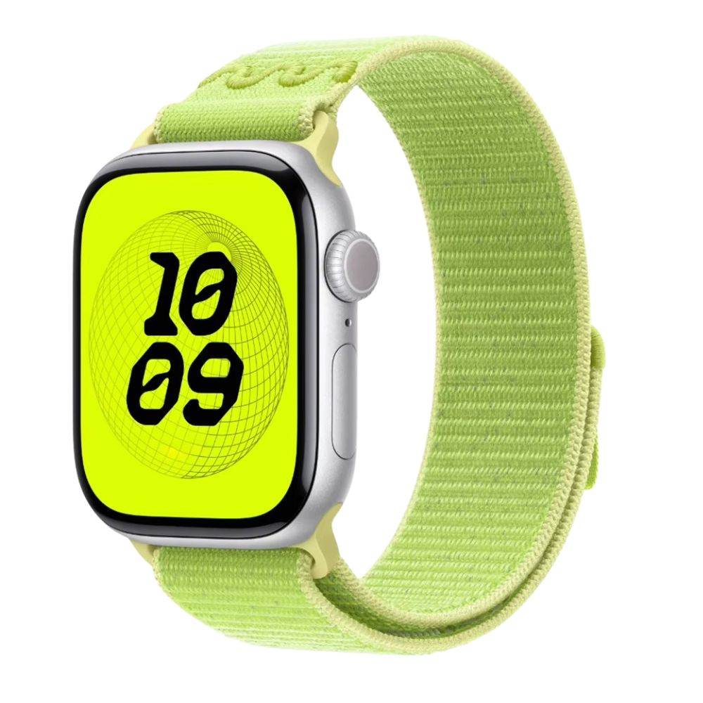 Apple Watch series 10 with a Volt Splash Nike sport loop band on a white background