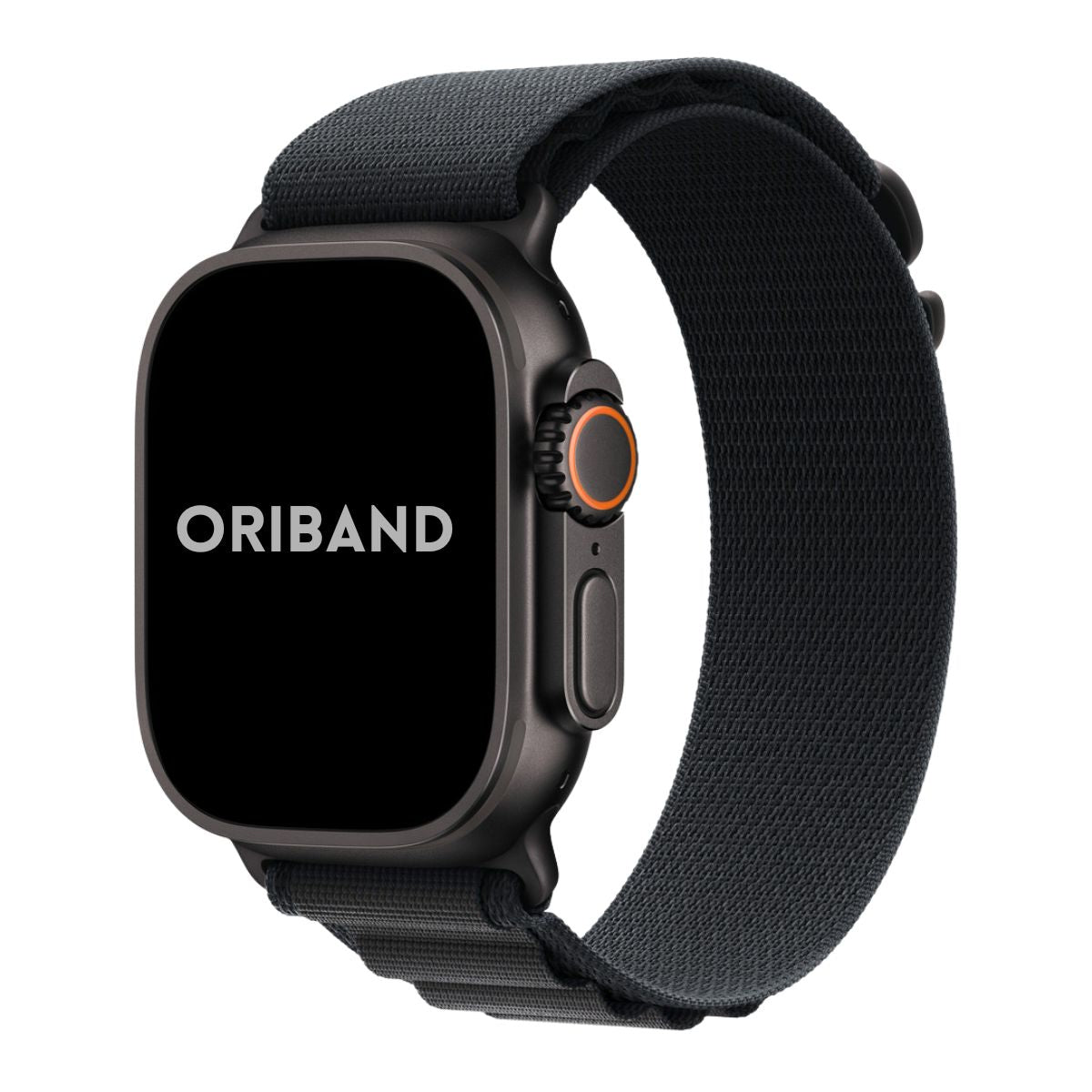 Black Apple Watch Ultra with Black alpine loop band on a white background, featuring the brand 'Oriband'.