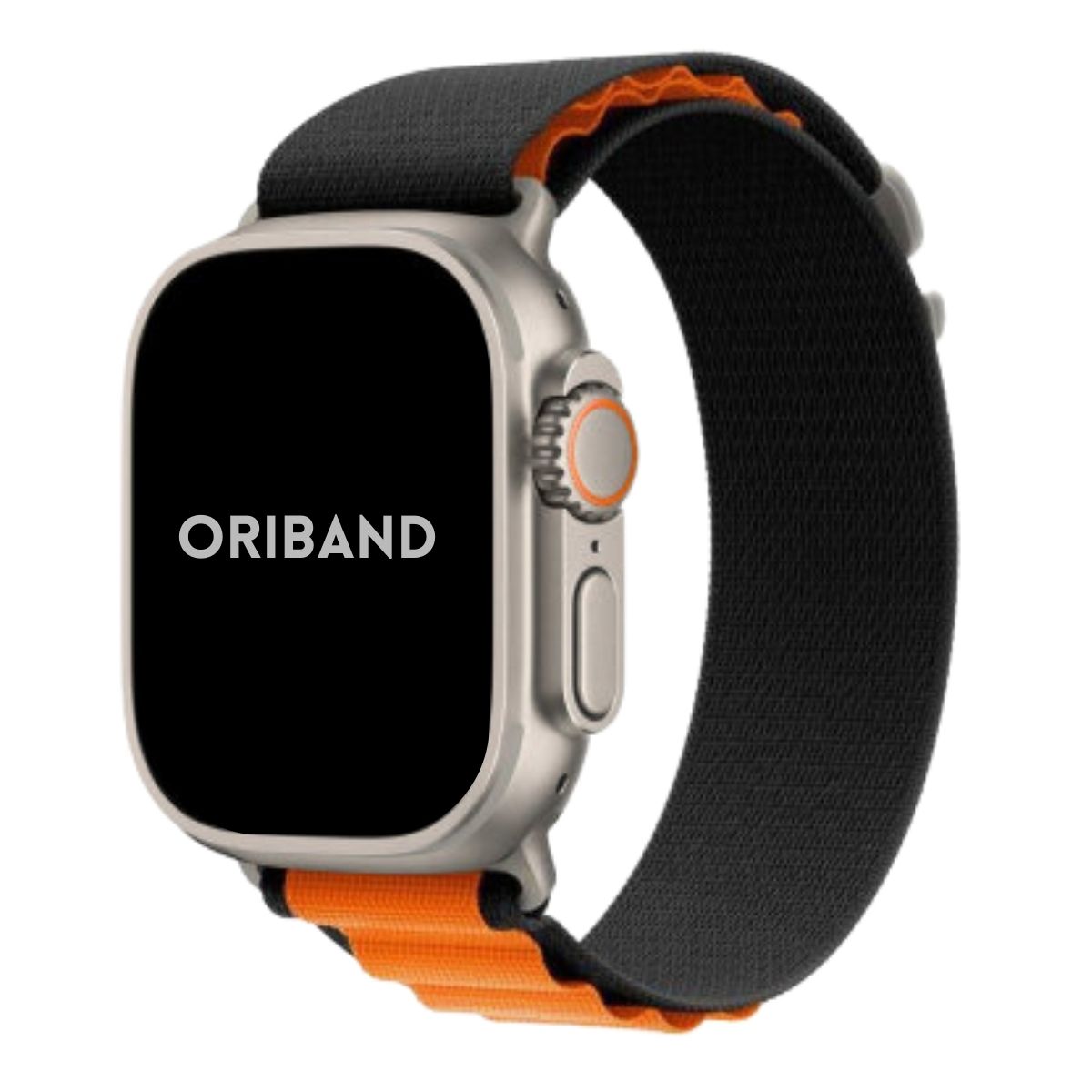 Apple Watch Ultra with a sleek titanium case paired with a Black Orange Alpine Loop band in a white background, showcasing a rugged, durable design perfect for outdoor and everyday wear.