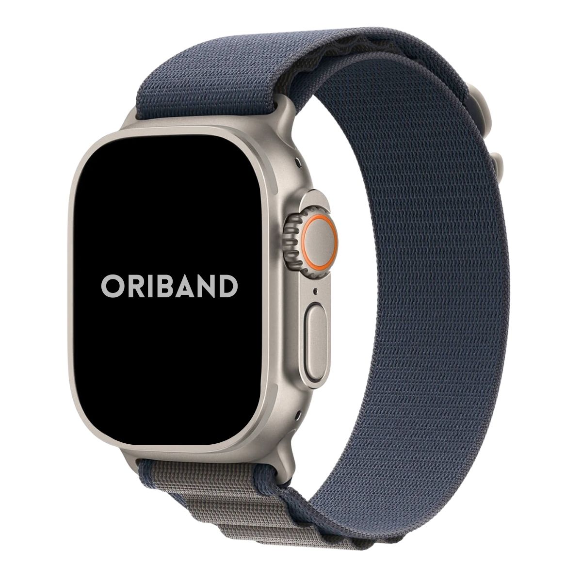 Apple Watch Ultra with a sleek titanium case paired with a Blue Alpine Loop band front view.