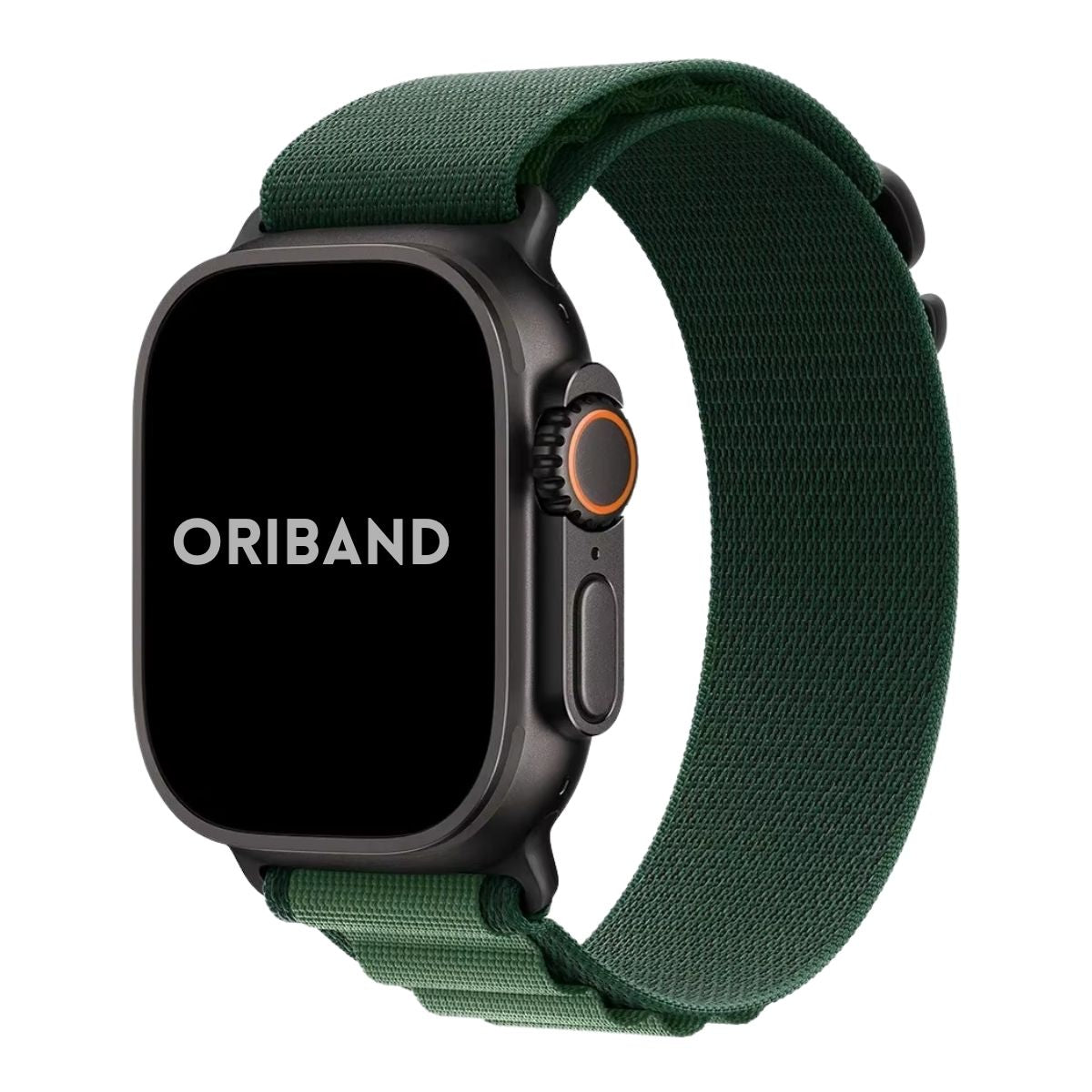 Apple Watch Ultra in black finish with a dark green alpine loop band on a white background, featuring the brand 'Oriband'.