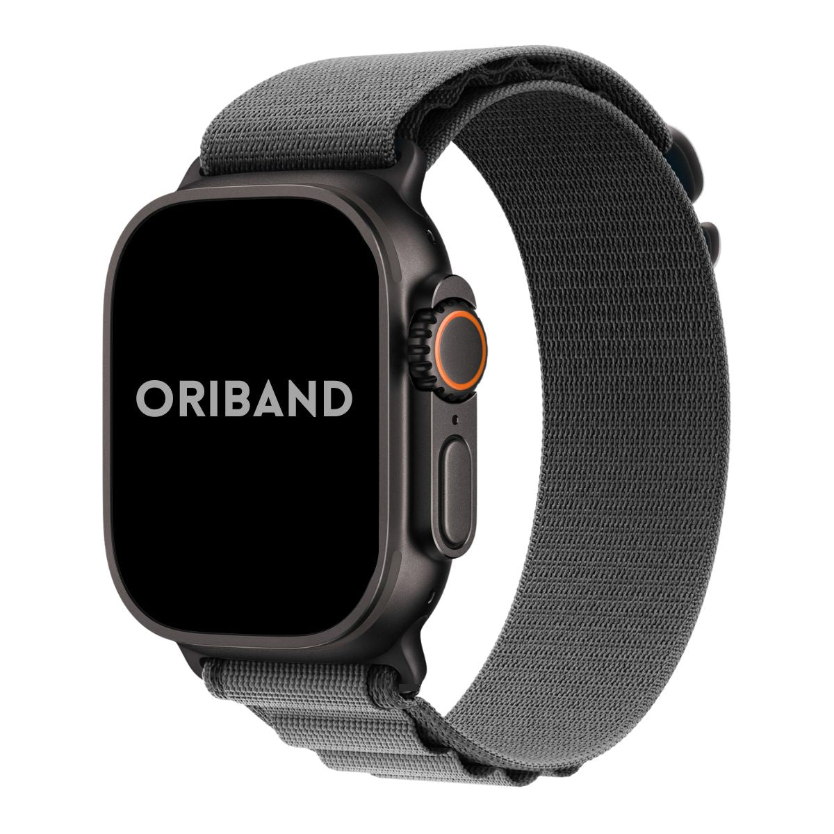 Black finish Apple Watch Ultra with a Deep Gray alpine loop band on a white background, featuring the brand 'Oriband'.