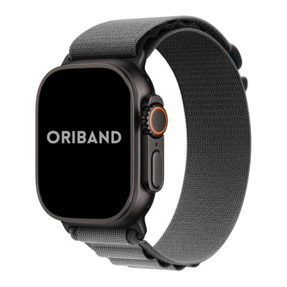 Black finish Apple Watch Ultra with a Deep Gray alpine loop band on a white background, featuring the brand 'Oriband'.