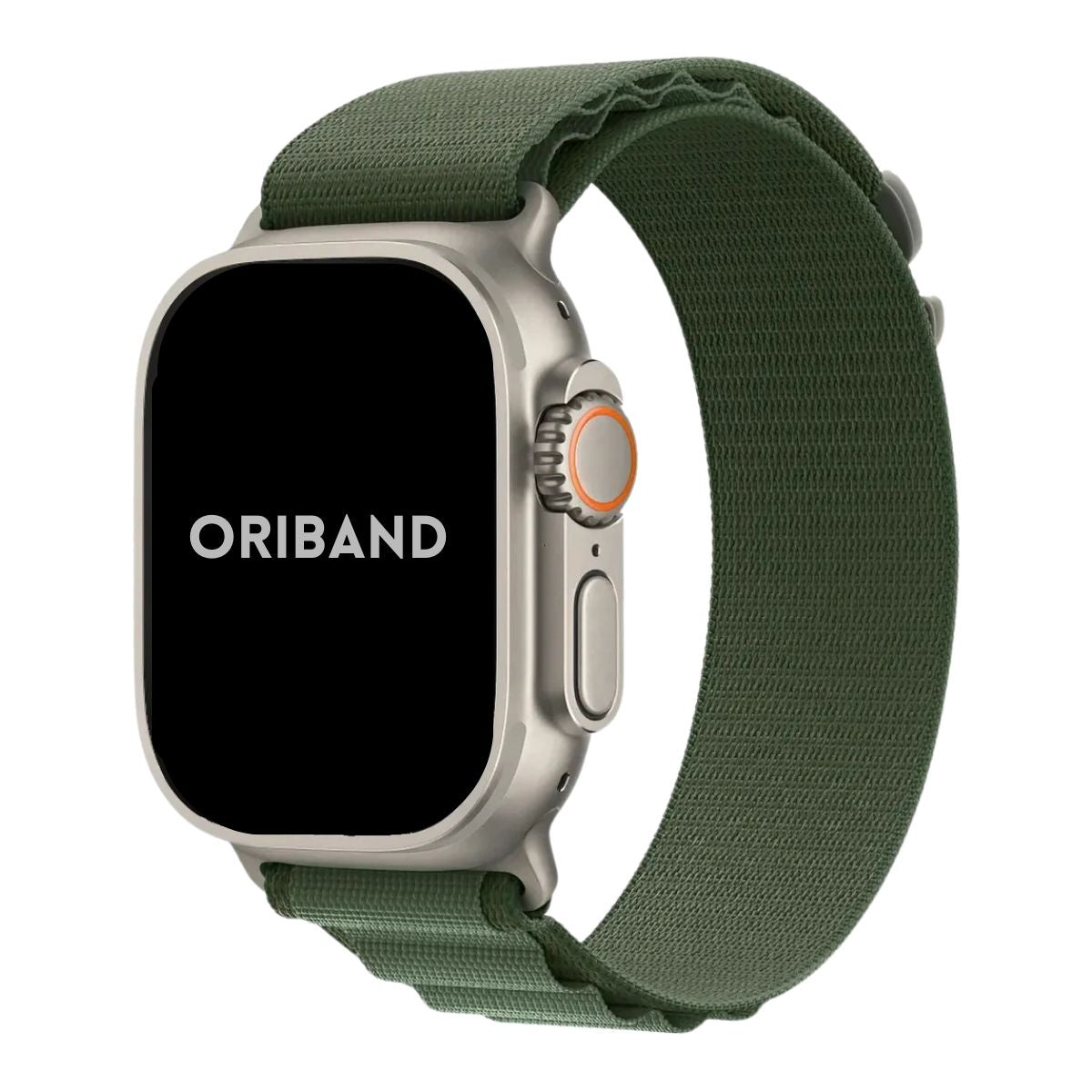Apple Watch Ultra with Green Alpine Loop band on a white background, featuring the brand 'Oriband'.
