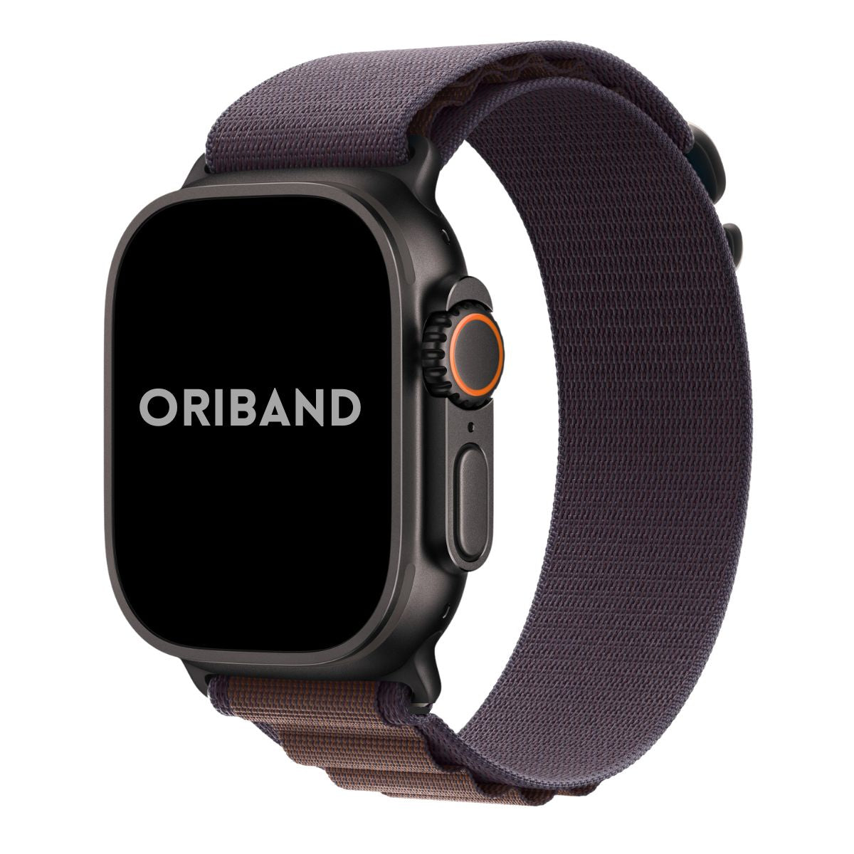 Apple Watch Ultra 3 in black finish indigo alpine loop band on a white background, featuring the brand 'Oriband'.