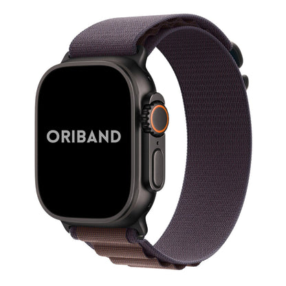 Apple Watch Ultra 3 in black finish indigo alpine loop band on a white background, featuring the brand 'Oriband'.