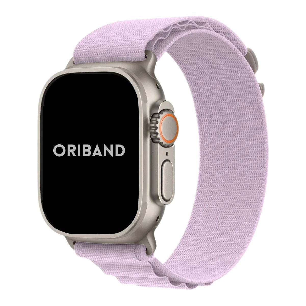 Apple Watch Ultra with a lavender Alpine Loop band on a white background, featuring the brand 'Oriband'.