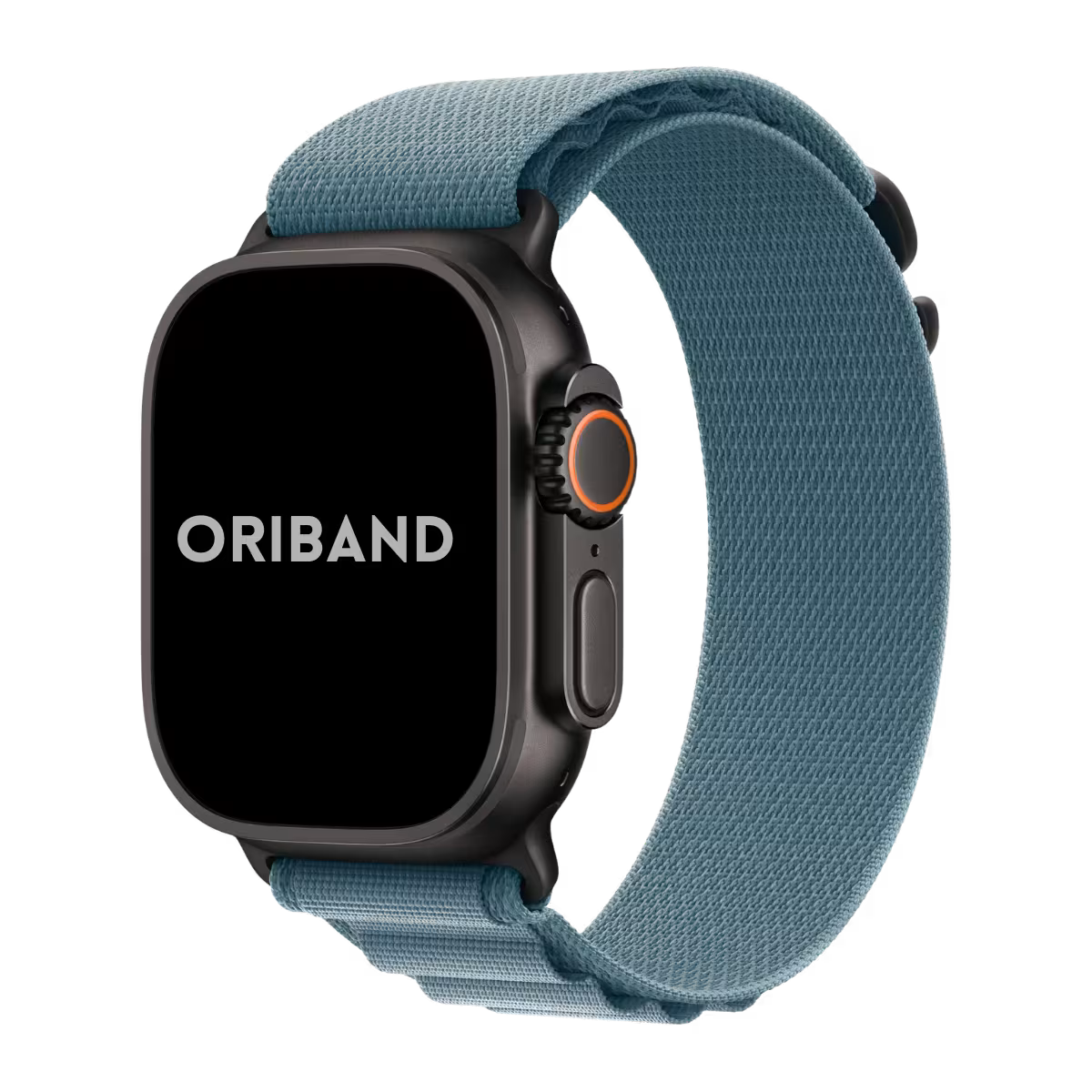 Black Apple Watch Ultra 3 with a light blue alpine loop band on a white background, featuring the brand 'Oriband'.