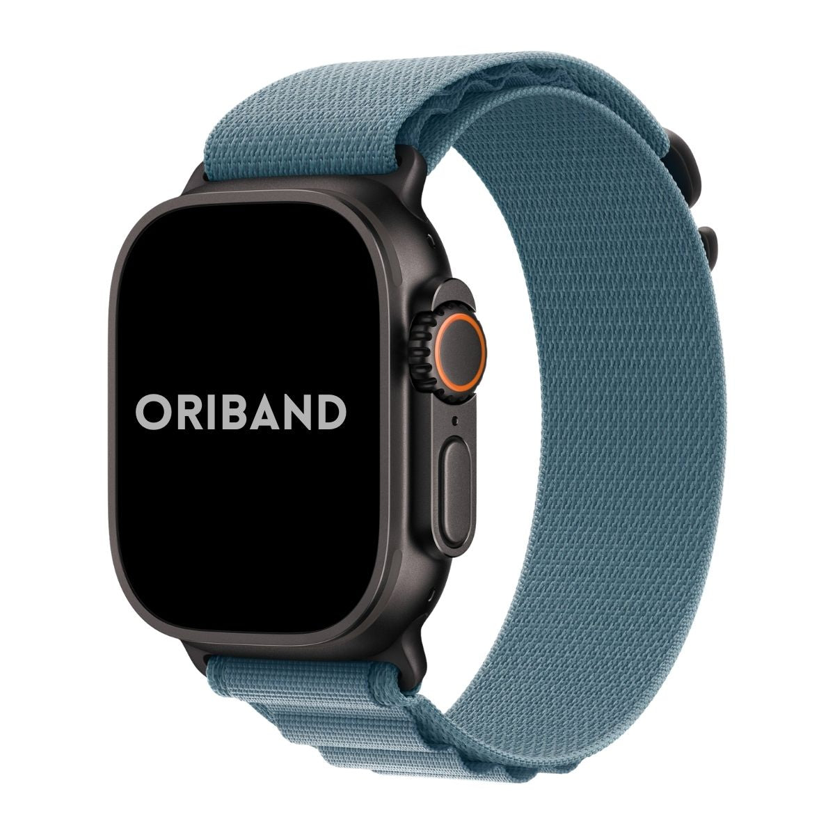 Black Apple Watch Ultra 3 with a light blue alpine loop nylon band on a white background, featuring the brand 'Oriband'.