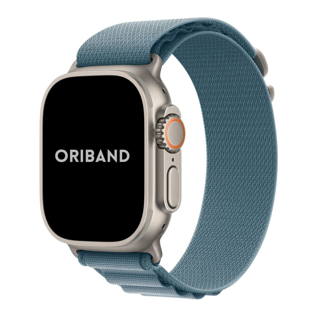Apple Watch Ultra with a sleek titanium case paired with a Light Blue Alpine Loop band front view.