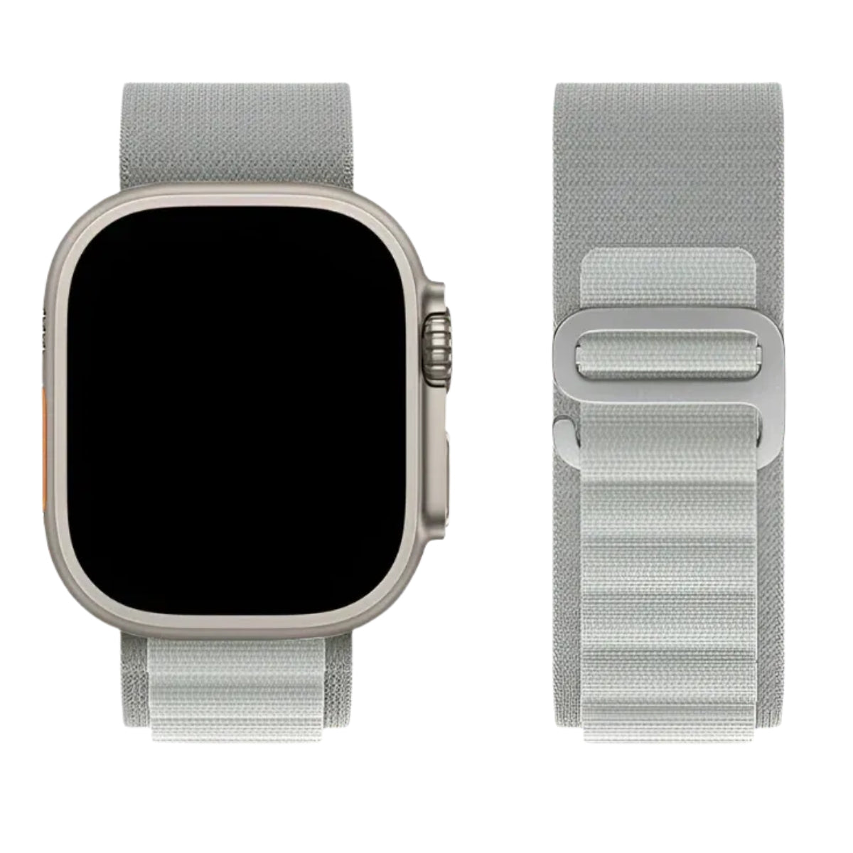 Alpine Loop band in Light Gray attached to Silver Apple Watch Ultra front view