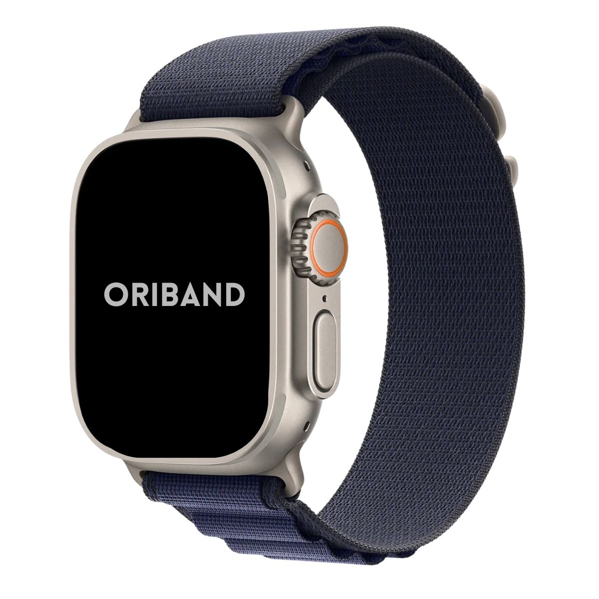 Apple Watch Ultra with a sleek titanium case paired with a Mi Alpine Loop band front view.night Blue