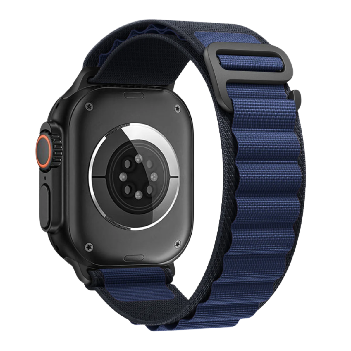 Apple Watch with Navy Alpine Loop – side angle