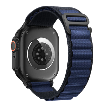 Apple Watch with Navy Alpine Loop – side angle