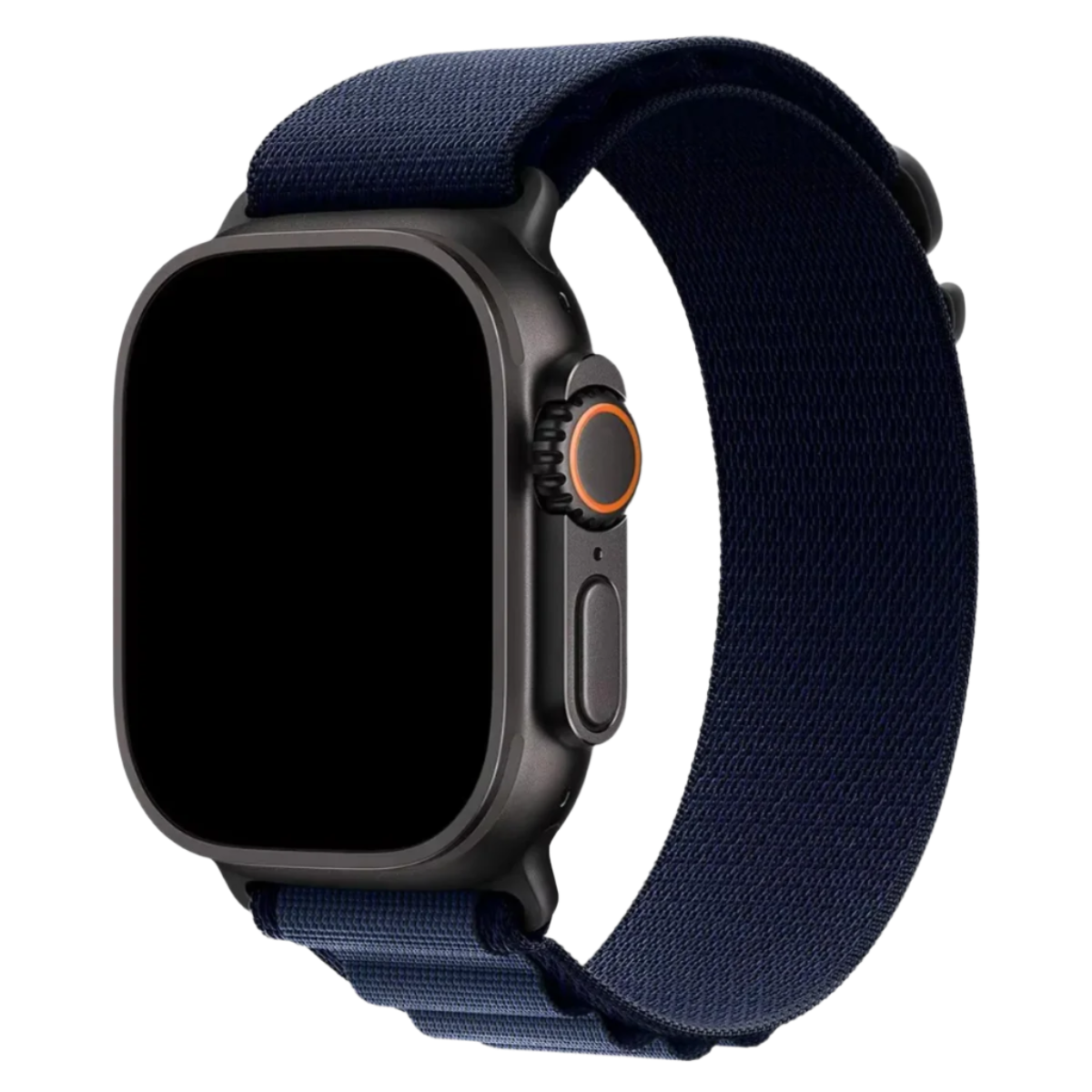 Alpine Loop band in Navy attached to Black Apple Watch Ultra front view