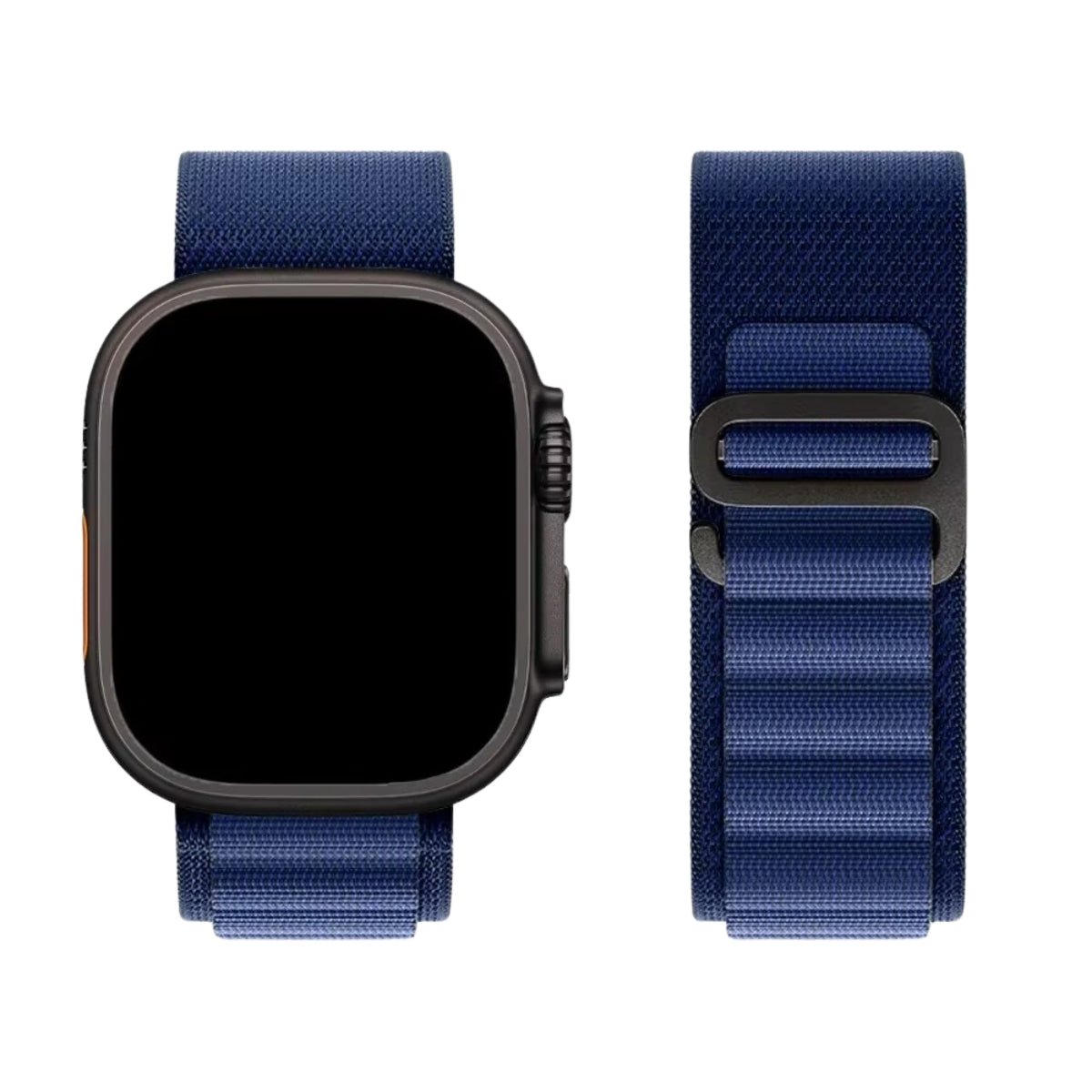 Alpine Loop band in Navy attached to Black Apple Watch Ultra front view