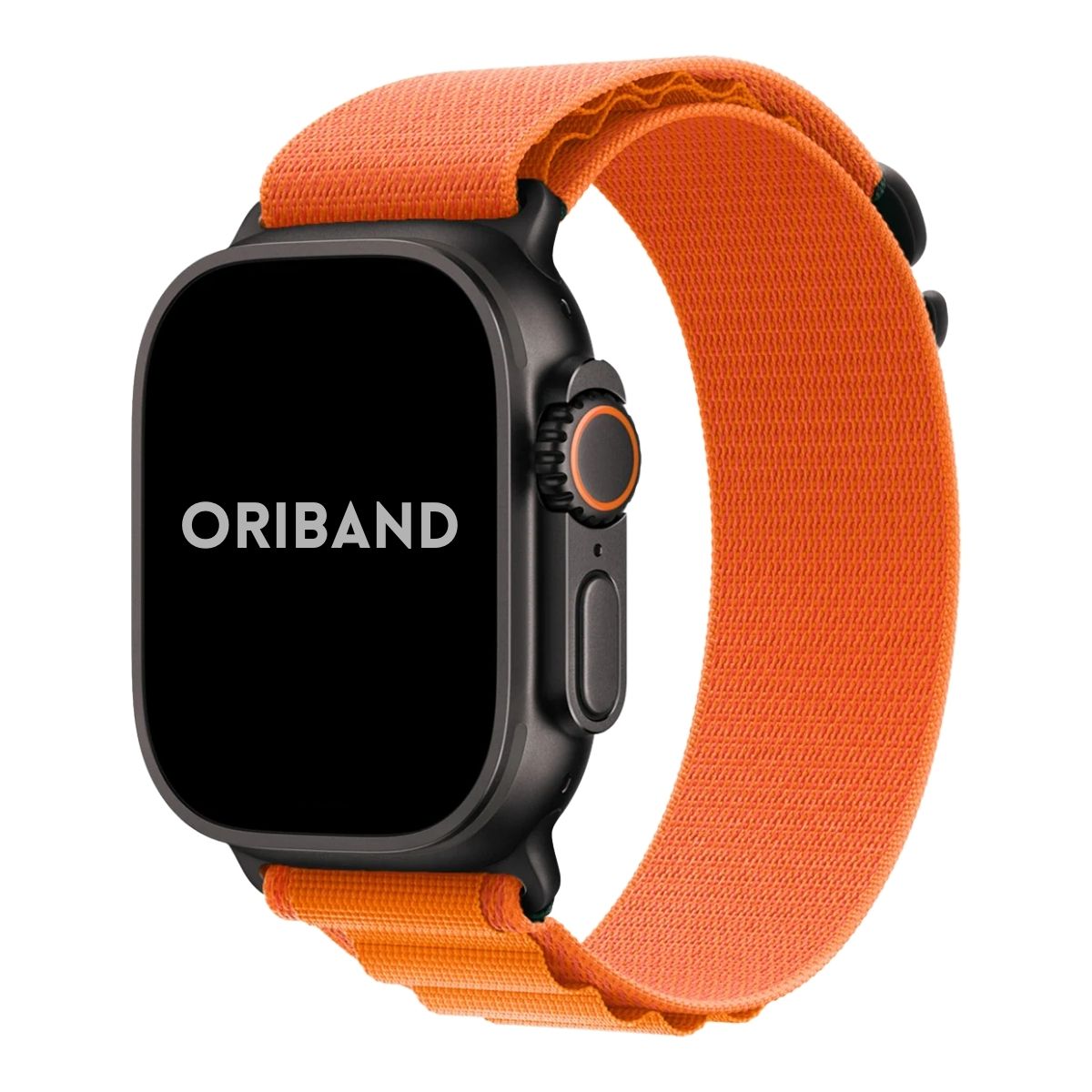 Apple Watch Ultra in black finish with nylon alpine loop band in orange on a white background, featuring the brand 'Oriband'.