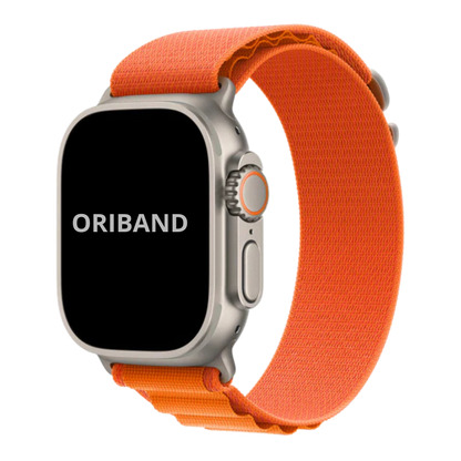 Front view Apple watch ultra with Orange alpine loop band, featuring the brand 'ORIBAND'.