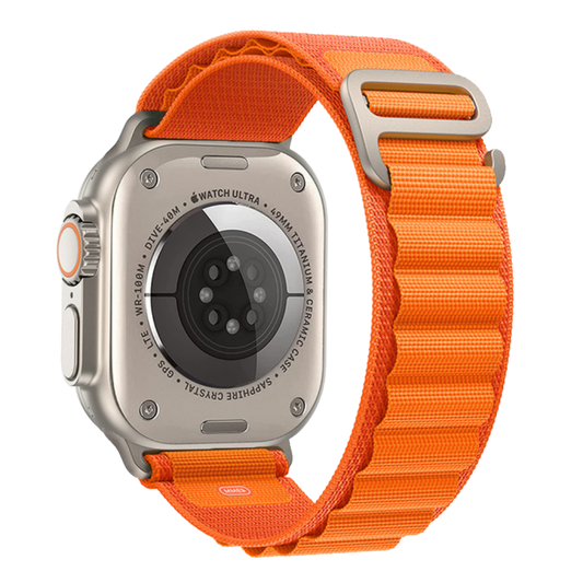 Apple Watch with Orange Alpine Loop – side angle
