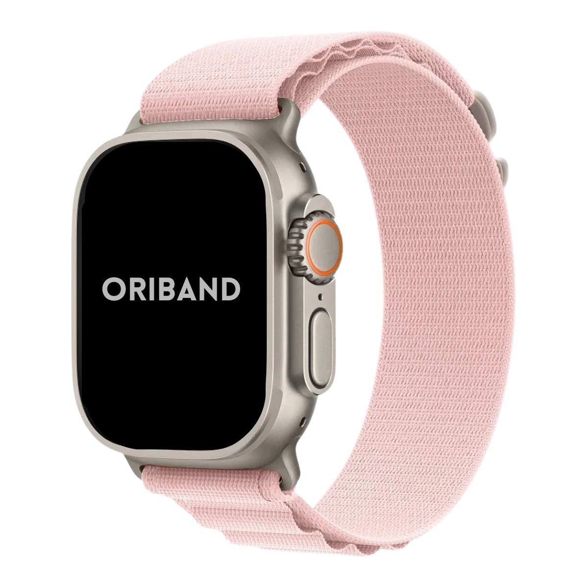 Apple Watch ultra with a pink Alpine Loop band on a white background, featuring the brand 'Oriband'.
