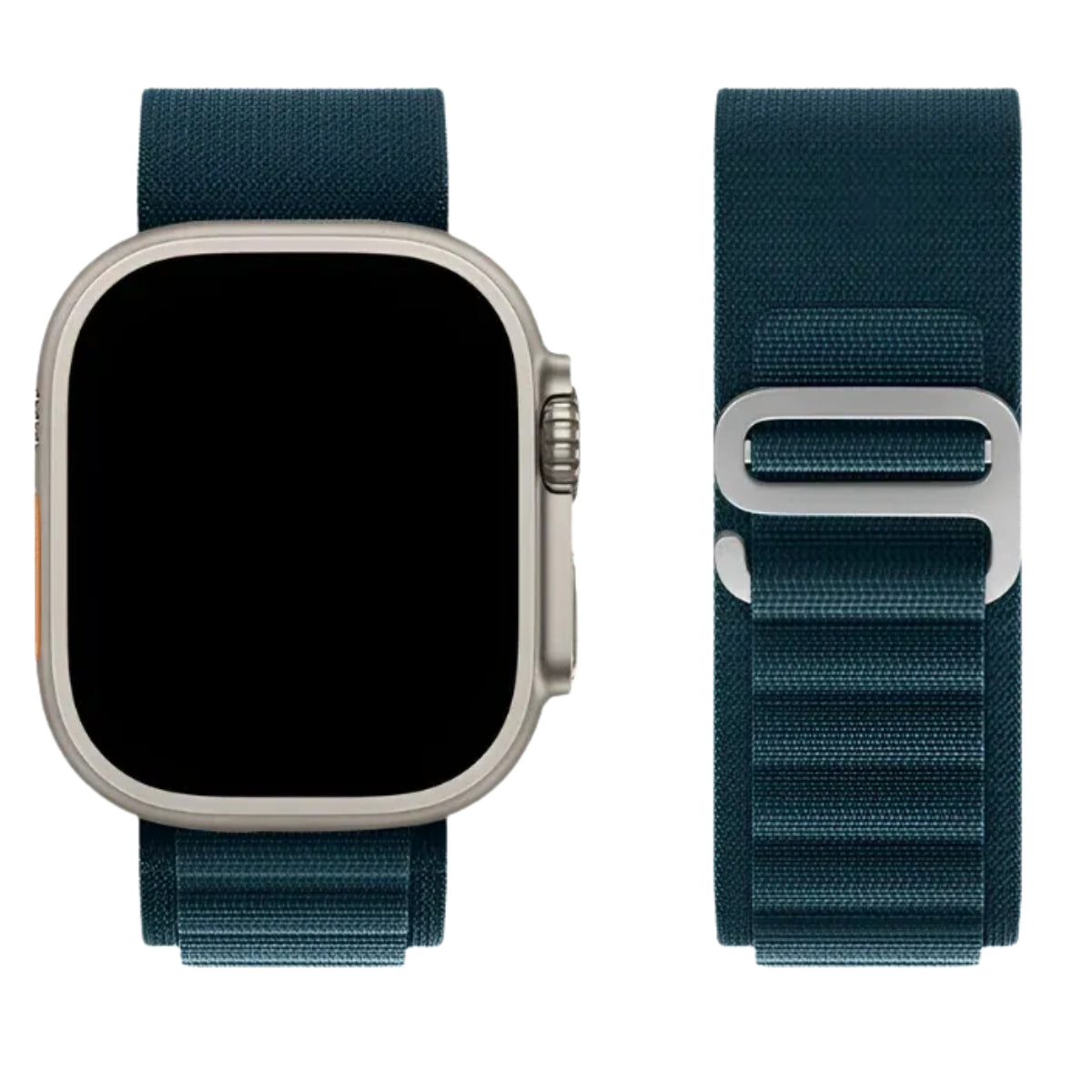 Alpine Loop band in Rock Green attached to Silver Apple Watch Ultra front view