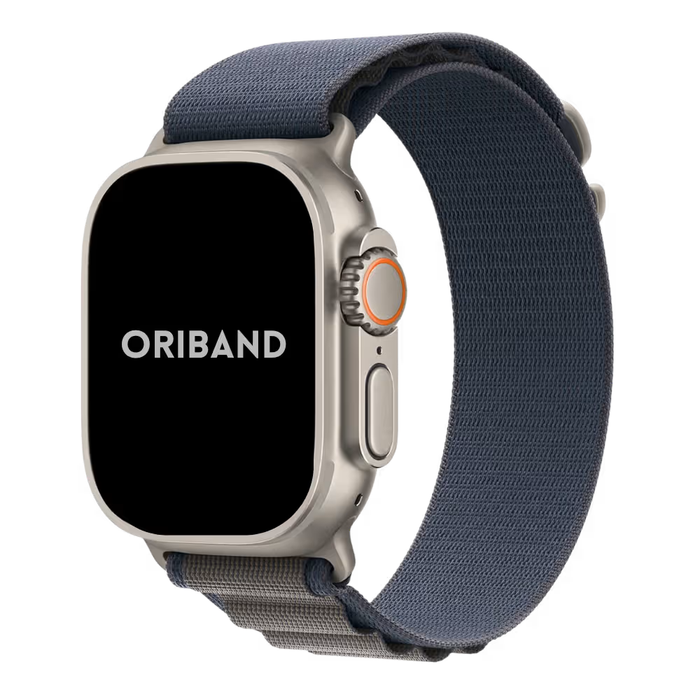 Titanium Apple Watch Ultra with a blue Alpine Loop woven band on a white background, featuring the brand 'Oriband'.