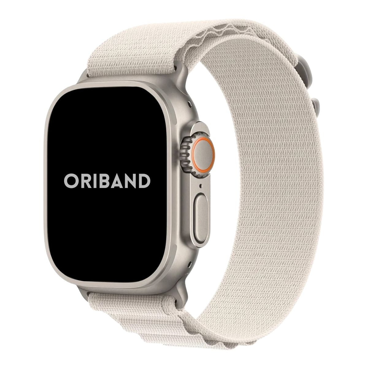 Apple Watch Ultra with a sleek titanium case paired with a starlight Alpine Loop band front view.