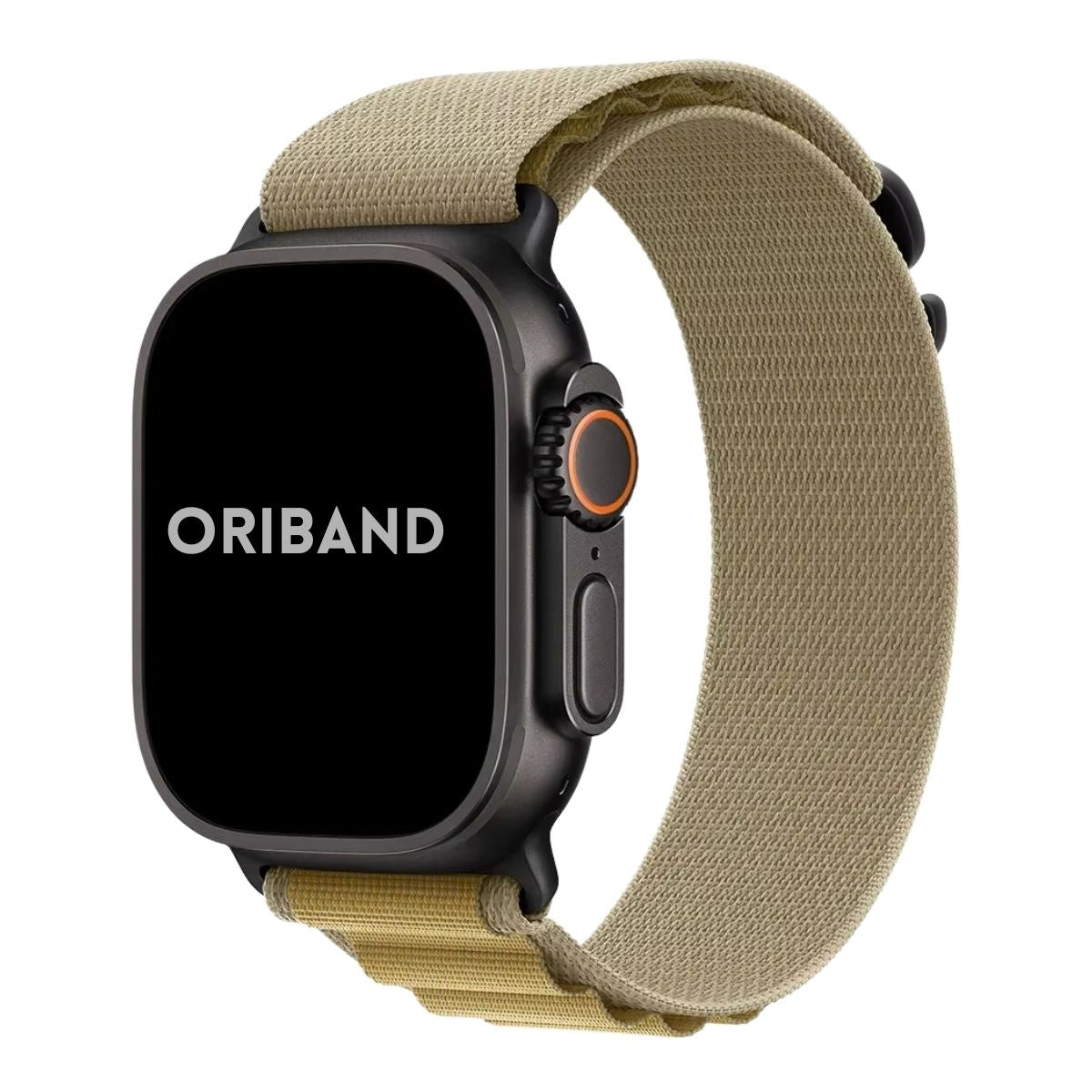 Apple Watch Ultra in black finish with nylon alpine loop band in Tan on a white background, featuring the brand 'Oriband'.