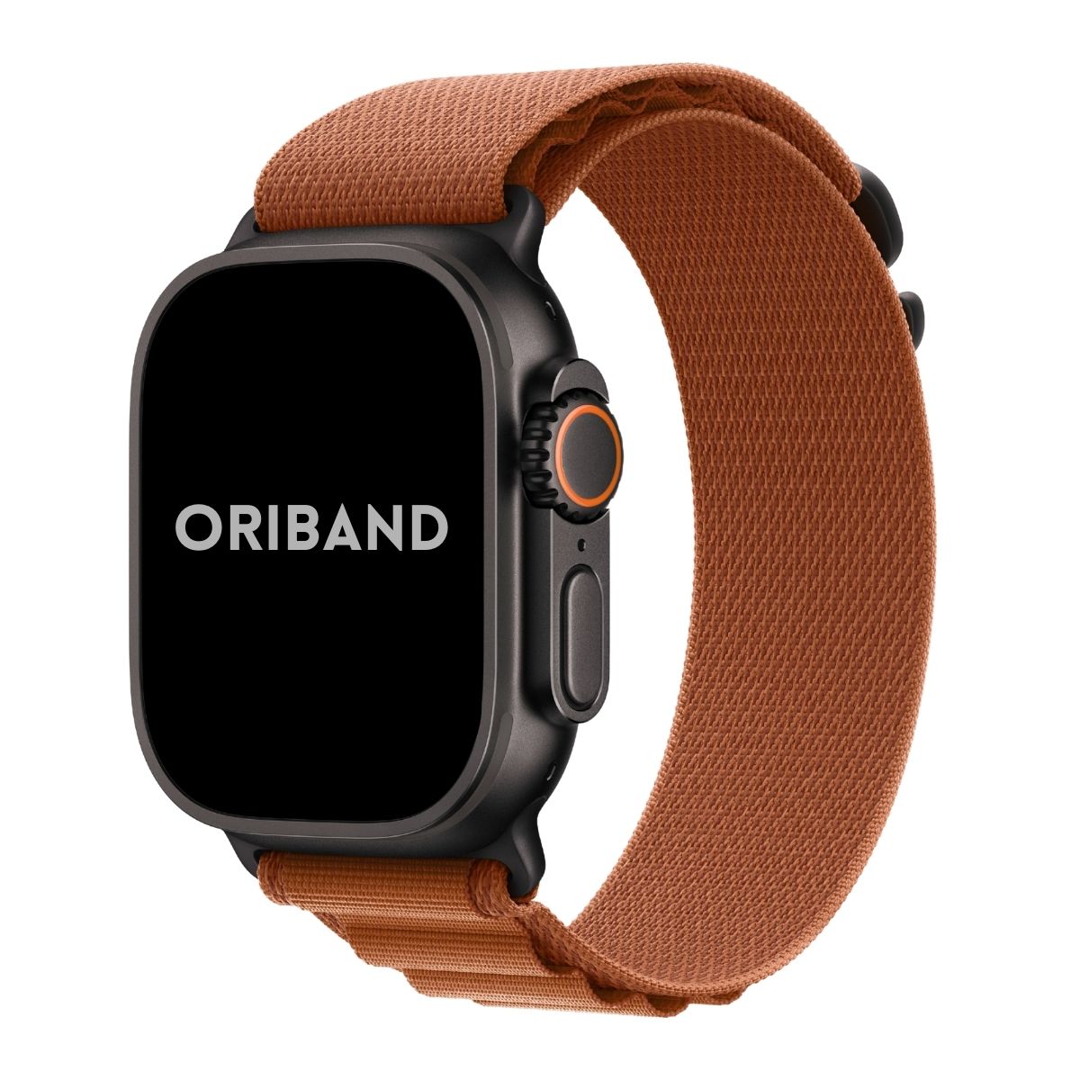 Black Apple Watch Ultra 3 with a terra cotta alpine loop band on a white background, featuring the brand 'Oriband'.