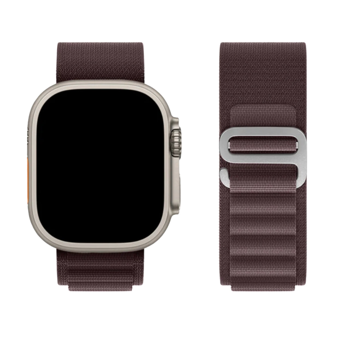 Alpine Loop band in Wine red attached to Silver Apple Watch Ultra front view