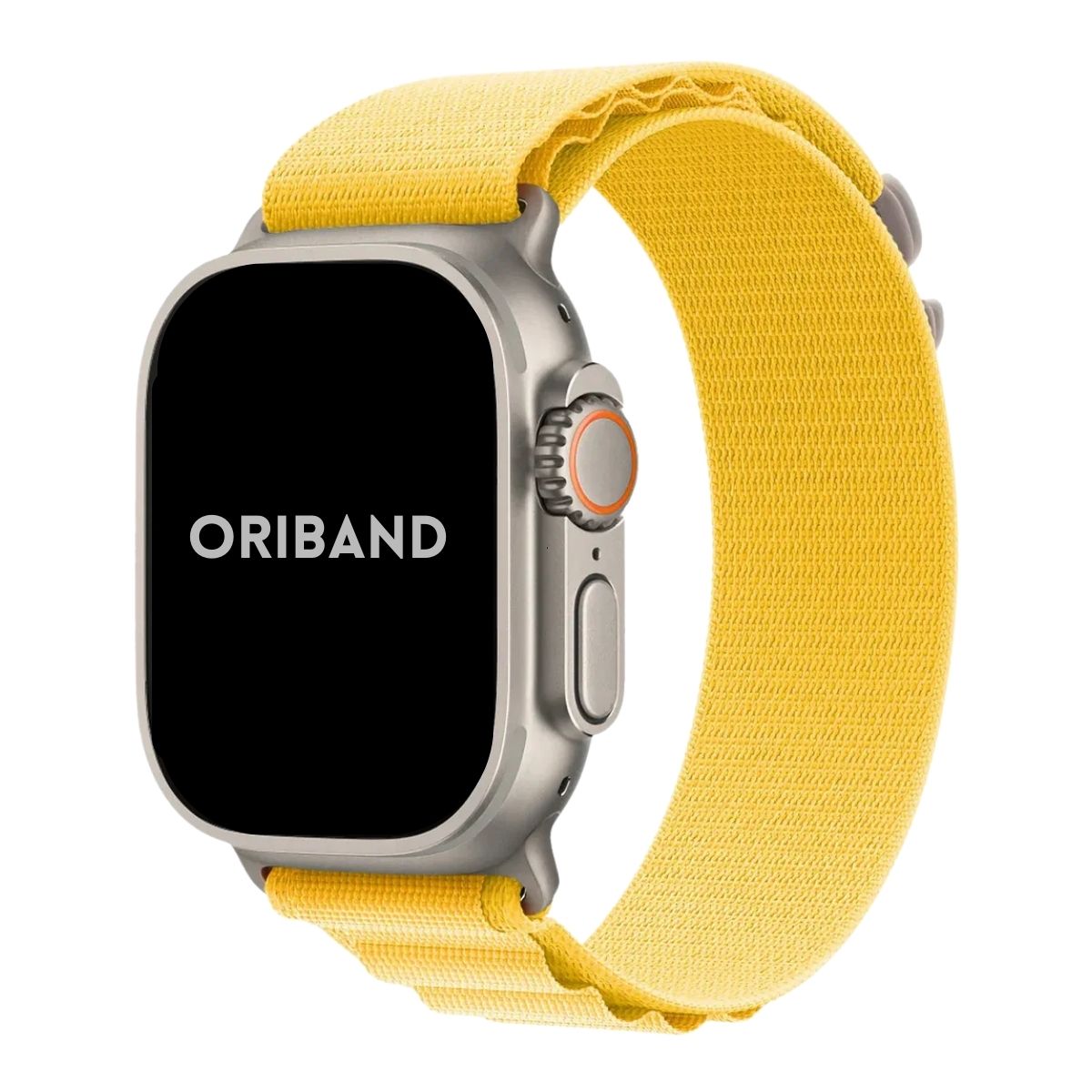 Titanium Apple Watch Ultra with a yellow Alpine Loop on a white background, featuring the brand 'Oriband'.